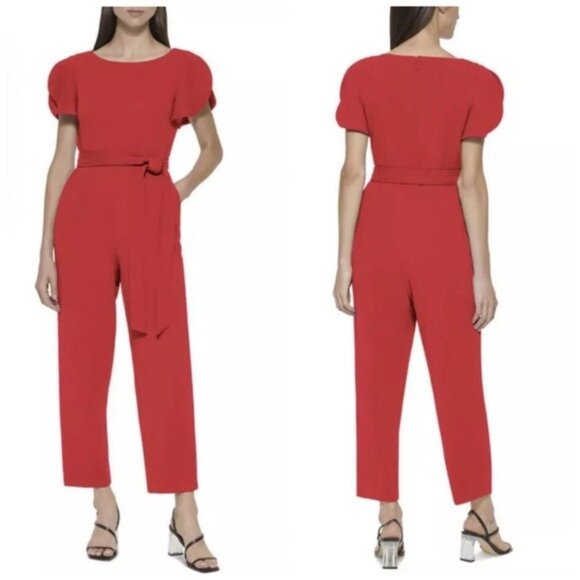 Calvin Klein Red Jumpsuit Flutter Sleeve Cropped Jumpsuit Sz 16 Romantic Chic - Picture 1 of 10